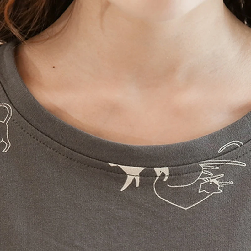 Женский пижамный комплект с длинными рукавами и рисунком кота пижама круглым