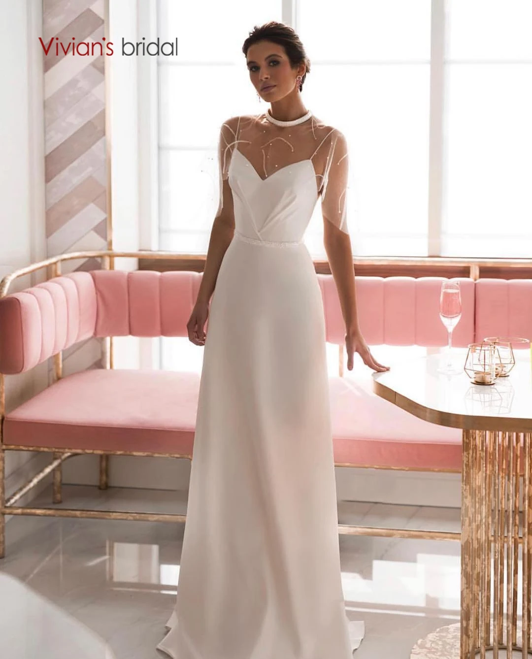 Свадебное платье Vivian's Bridal Illusion с высокой шеей и атласной шалью 2019 элегантный