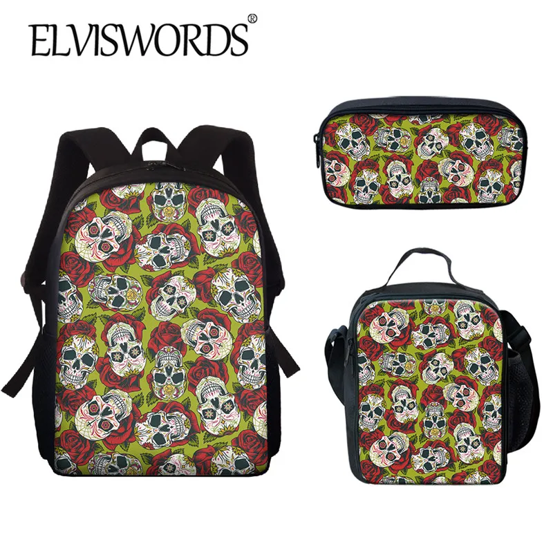 

Рюкзак ELVISWORDS с розами и сахарным черепом, детский модный школьный рюкзак из 3 предметов, сумка для обеда и чехол-карандаш, ортопедический Рюк...