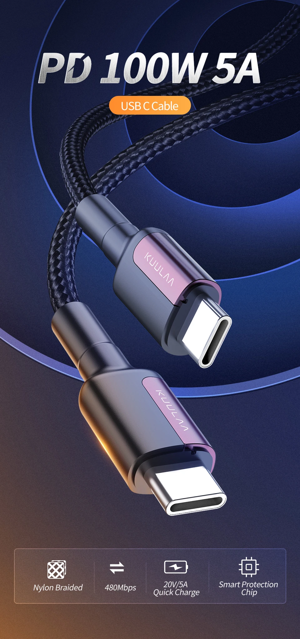 mobile phone cables KUULAA 100W USB C to USB Type C Cable USBC PD 5A Fast Charger Cord USB-C Type-c Cable for Samsung S20 MacBook iPad Huawei Xiaomi android charger cord