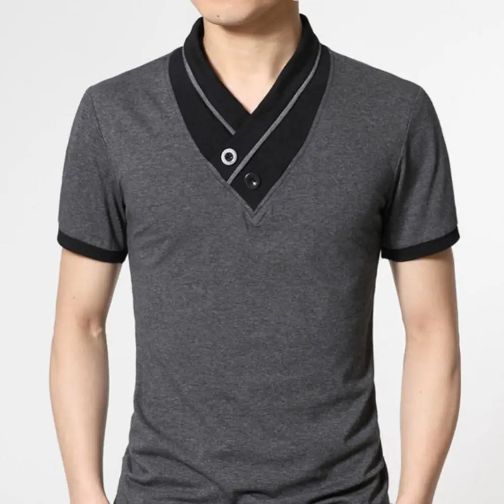 

40%HOTFashion Men Patchwork Button V Neck Short Sleeve T-Shirt Summer Slim Blouse Top