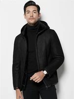 new fur mens genuine leather jacket sheepskin short hooded fur coat men leather jacket