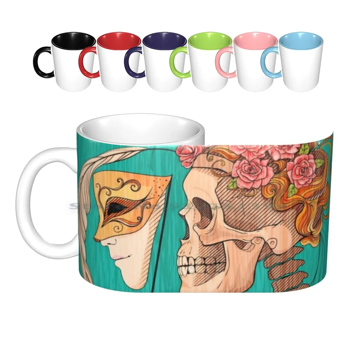 

Иллюстрация с черепом на фотографиях, керамические кружки, кофейные чашки, кружка для молока и чая, фон с изображением старинного животного,...