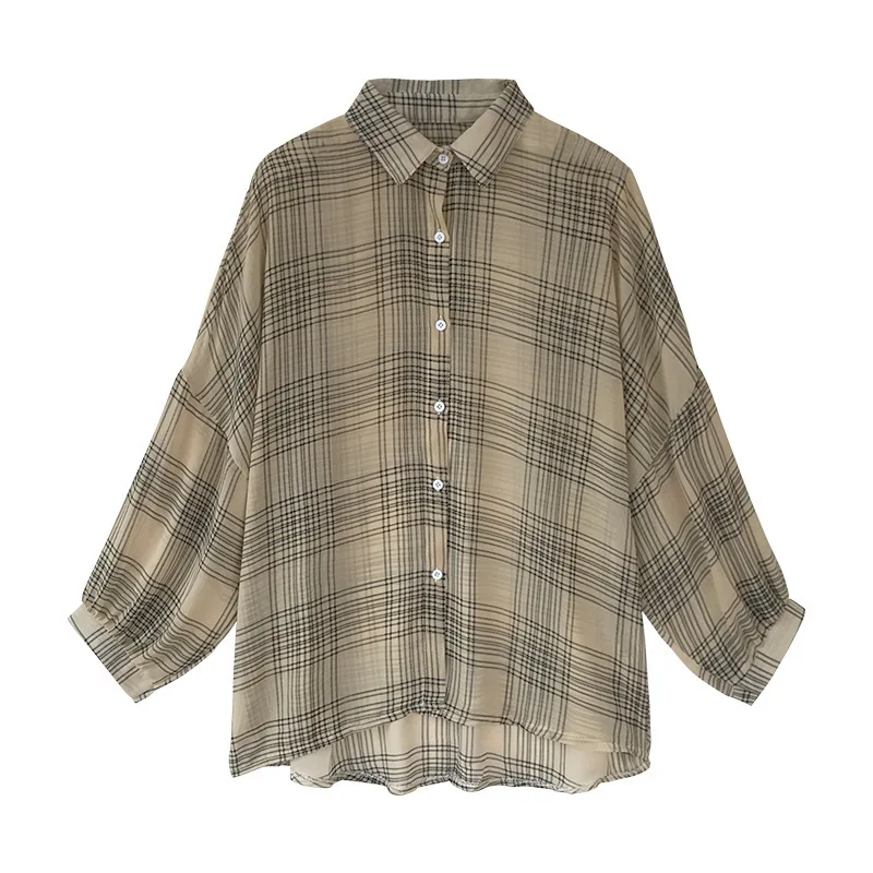 Женские рубашки в клетку с длинным рукавом и отложным воротником