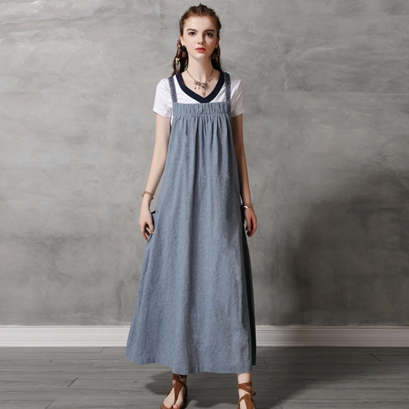 A2020 summer new suspender loose fashion casual style simple large pocket cotton and linen comfortable size long dres | Женская одежда