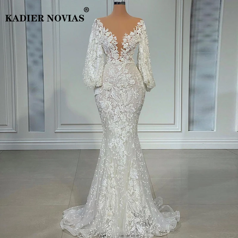 

KADIER NOVIAS Long Sleeves Mermaid White Lace Wedding Dresses 2022 Bridal Gown Pearls Beads Vestidos De Novia