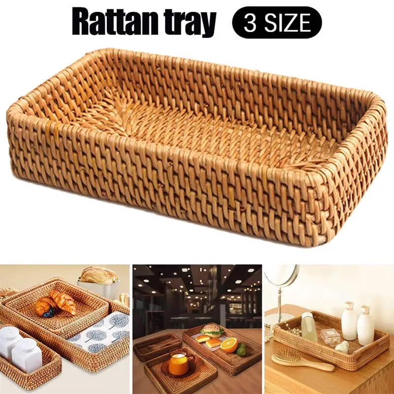 

Rattan Woven Tray Hand-Woven Basket Fruit Food Snack Rattan Storage Tray for Living Room Bedroom Home Office Decor