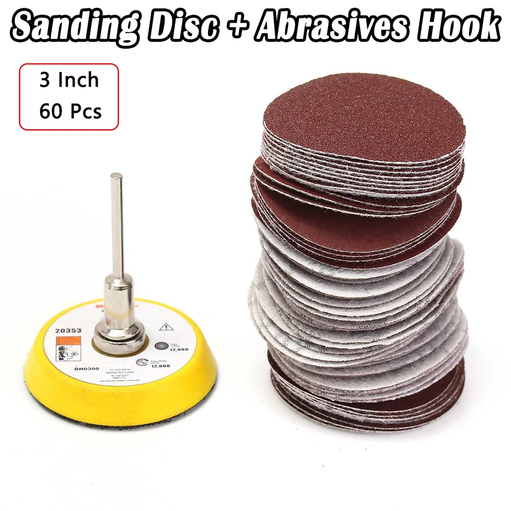 

60pc Mixed Grit Hook & Loop 3 inch Sanding Discs Backing Pad & 6mm Drill Adaptor