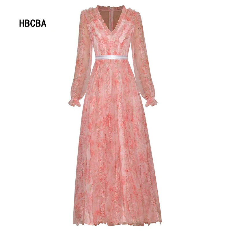 

Длинное платье HBCBA с V-образным вырезом, рукавами-фонариками, поясом, оборками и принтом, осень 2021