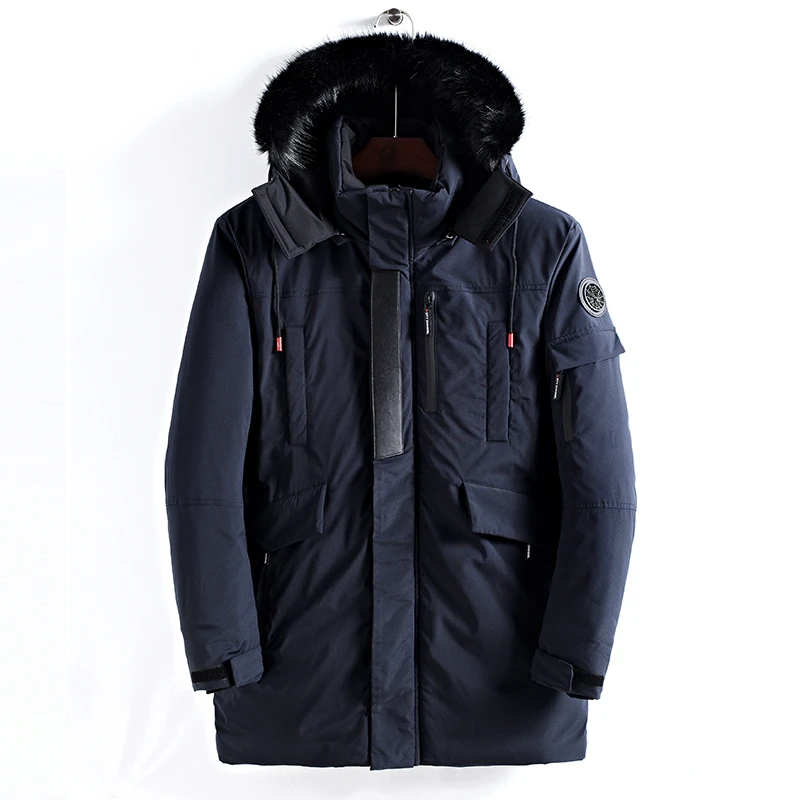 Тёмно-синий Padded Winter Jacket Men Windproof Long Coat Parkas Hood Fur Collar Clothes Men's Windbreakers Large Size Warm Epaulet Outwear - Цвет: Тёмно-синий