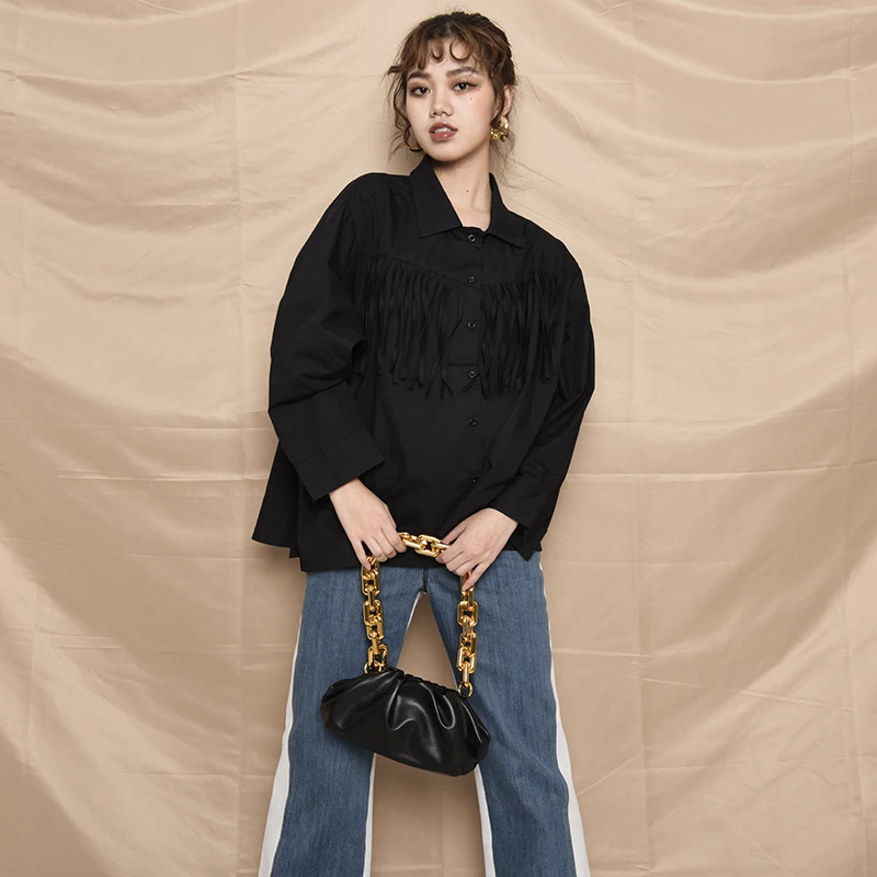 

Tassels Women Black Split Big Size Blouse New Lapel Long Sleeve Loose Fit Shirt Fashion Tide Spring Autumn 2021 1S12401