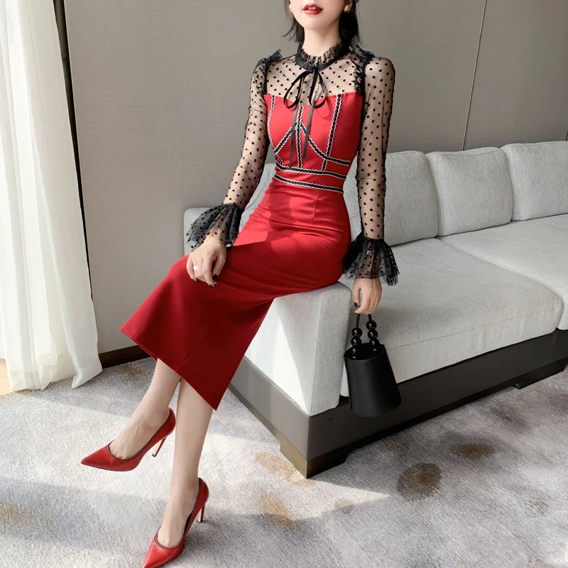 

2021 Spring Dress Korean Version of The Women's Temperament Wave Dot Mesh Smear Chest-style Stitched Horn Sleeve Dress
