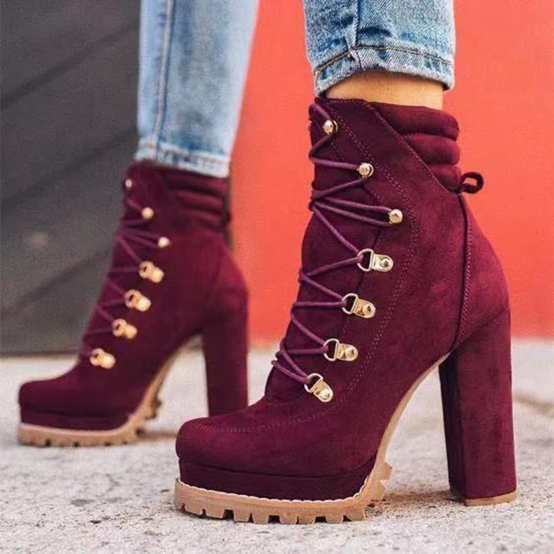

2022 Women Platform Rivet Ankle Boots Female Retro High Heels Autumn Fashion Sexy Lace-Up Pumps Ladies Shoes Plus Size 43