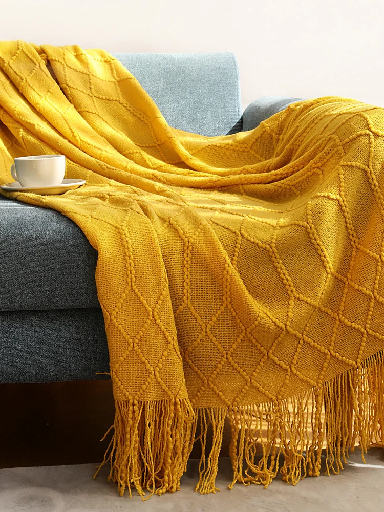 ?? 黄色、青カーキニットソファ毛布尾ベッド毛布ソファタオル北欧ウール毛布冬オフィス昼寝カスタムブランケット