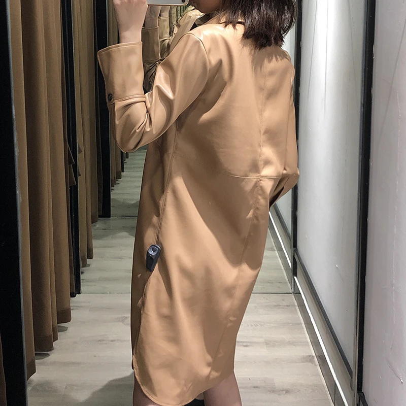 Хаки рубашка из полиуретана платье для женщин с длинным рукавом однобортное