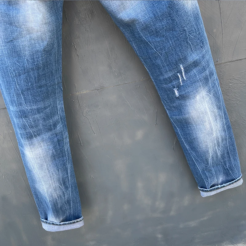 

Italian fashion DSQ stard2 four seasons denim men's perforated paint jeans slim blue elastic straight leg pants high quality