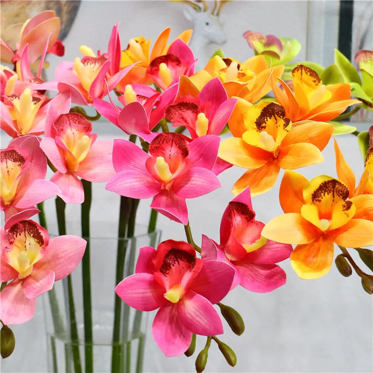 7 головок искусственный цветок 3d принт Бабочка Орхидея зеленый пластик Cymbidium