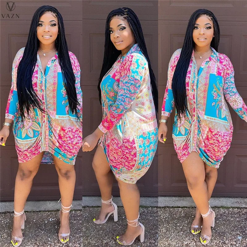 VAZN New Design Colorful Street Style Sexy Shirt Dress 2019 V-neck Long sleeve dress Loose Lady Party Club | Женская одежда