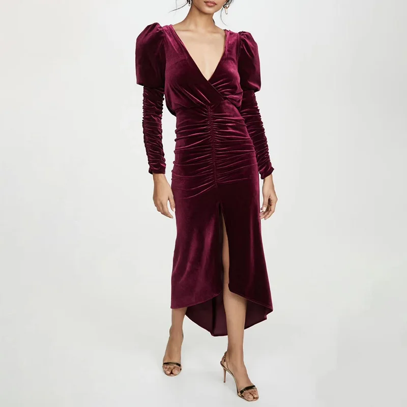 

Women's 2021 Winter Evening Velvet Party Dress Red Puff Long Sleeve V Neck Split Vintage Maxi Dresses Vestido Longo Robe 0522
