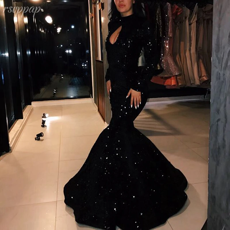 Sexy High Neck Long Sleeve Women Evening Dresses 2022 Mermaid Style Black Sequin Party Ladies Gowns | Свадьбы и торжества