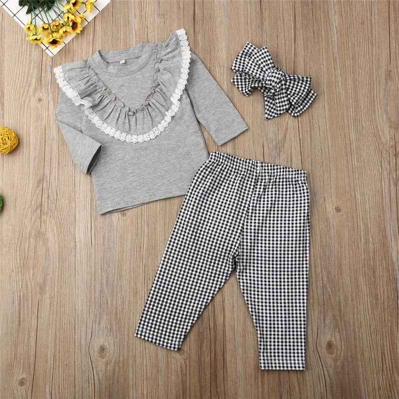 Комплект одежды в клетку с оборками для маленьких девочек кружевной топ + длинные