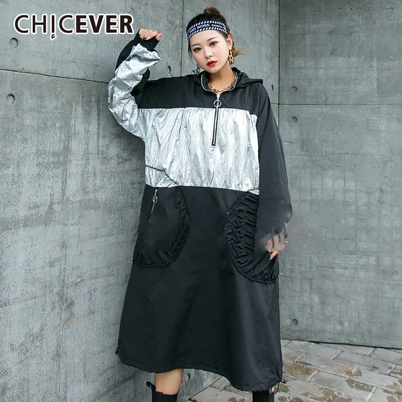 

CHICEVER Black Dress For Women Lapel Long Sleeve Patchwork Hit Color Loose Straight Ankle Length Dresses Female 2021 Fall Style