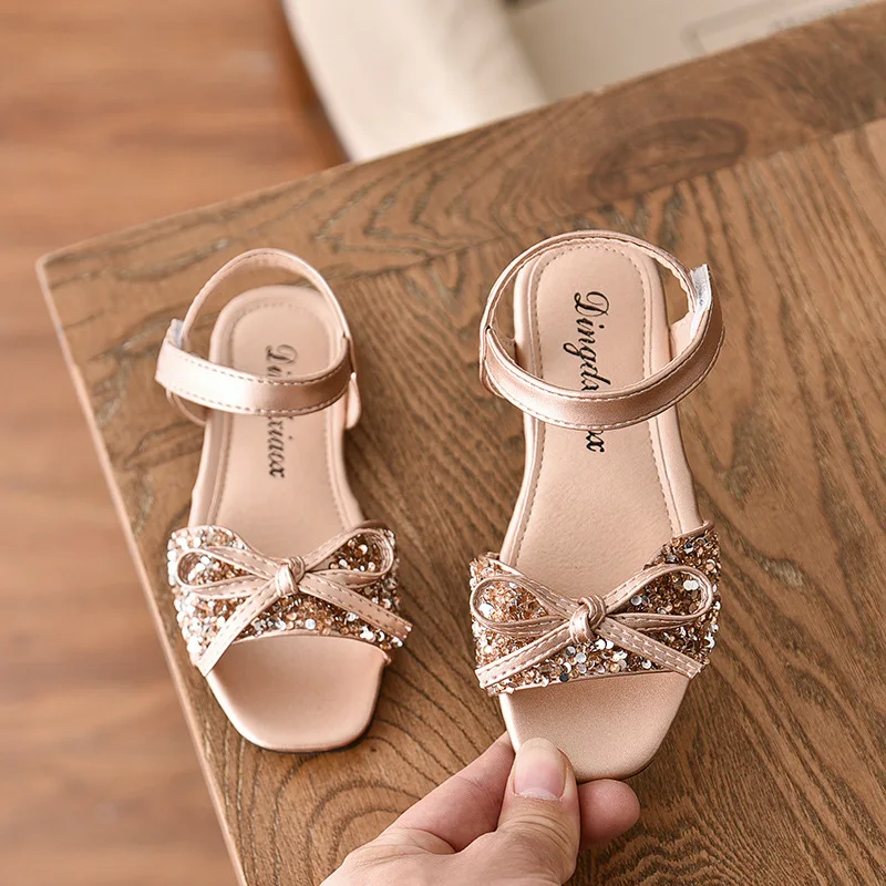 

Summer Bowknot Bling Sandals Children Girls Princess Flat Casual Leather Shoes Peep Toe Fashion Beach Sandals
