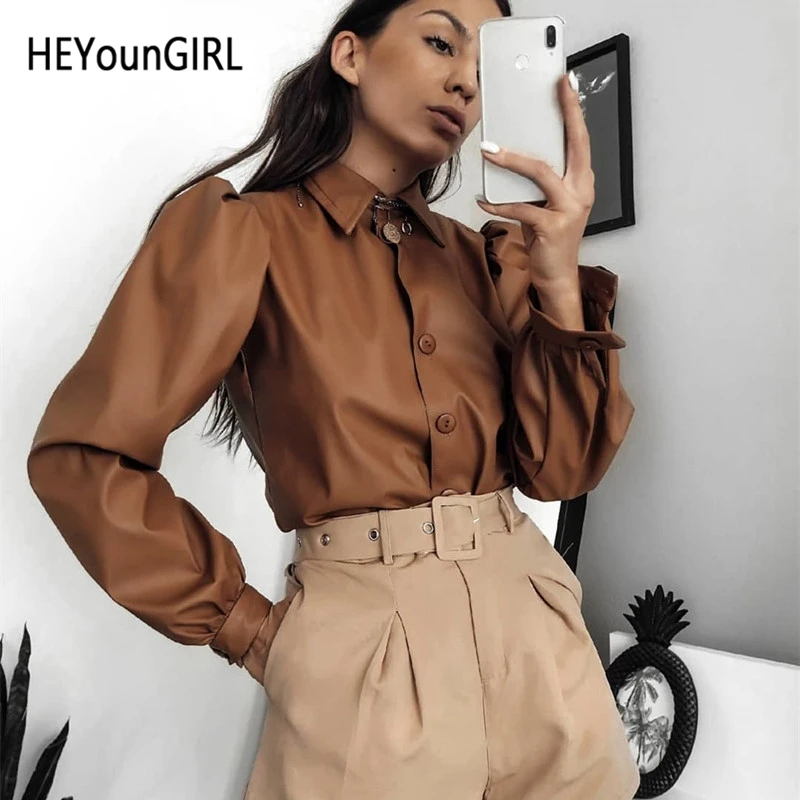 HEYounGIRL искусственная кожа с буфами на рукавах футболка Женские Элегантные
