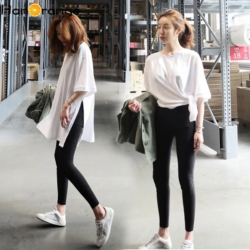 Хлопковая летняя футболка с разрезом Свободный Топ Длинная женская белого цвета