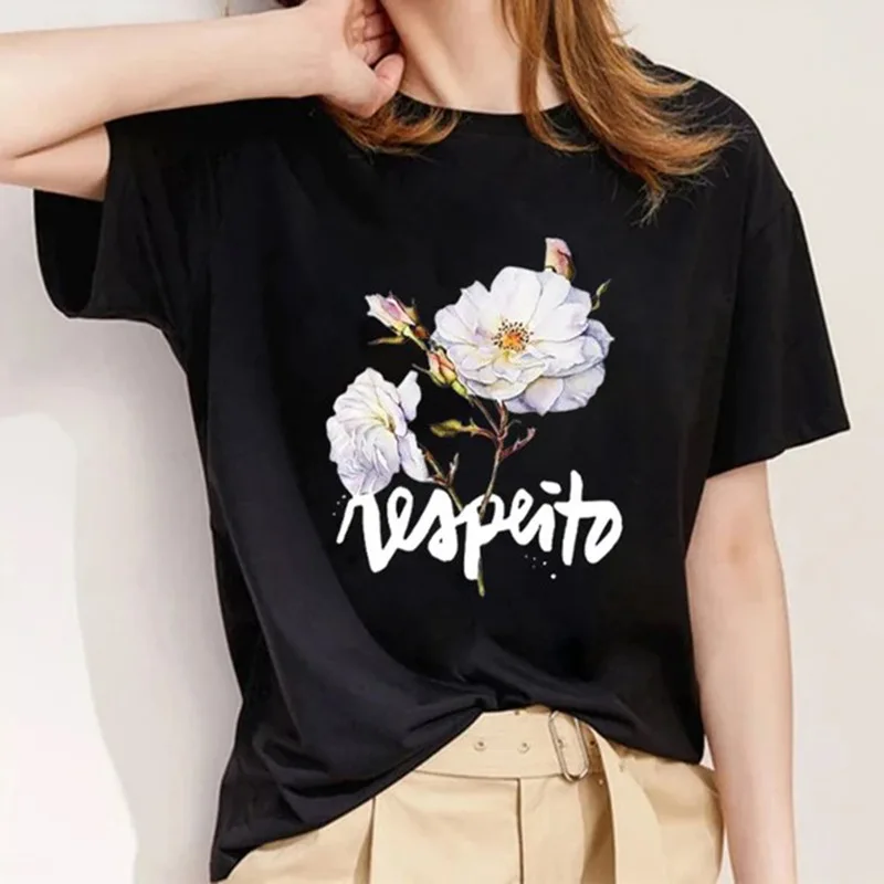 Женские Летние черные футболки с принтом роз женская футболка рисунком