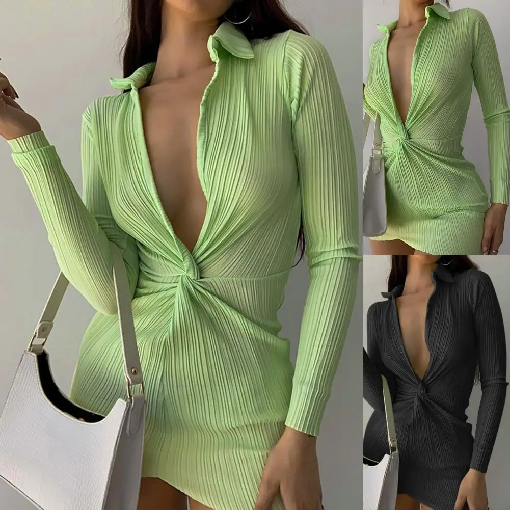 

New Stylish Casual Slim Sexy Shirt Dress Pit Stripes Deep V Neck Women Lapel Ruched Long Sleeve Dress Streetwear for Daily Wear