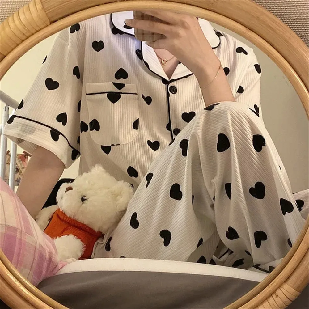 

Korean Loose Home Suits Room Wear Love Print Pajamas For Girls Women Summer Autumn Pyjama Pour Femme Short Sleeve Pijama Sets