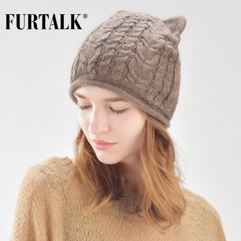 FURTALK, вязанная шапка бини, женская зимняя шапка бини с манжетами, шапка, Осенняя шапка для девушек, женская шапка skullies, милая Кепка с кошачьими ушками