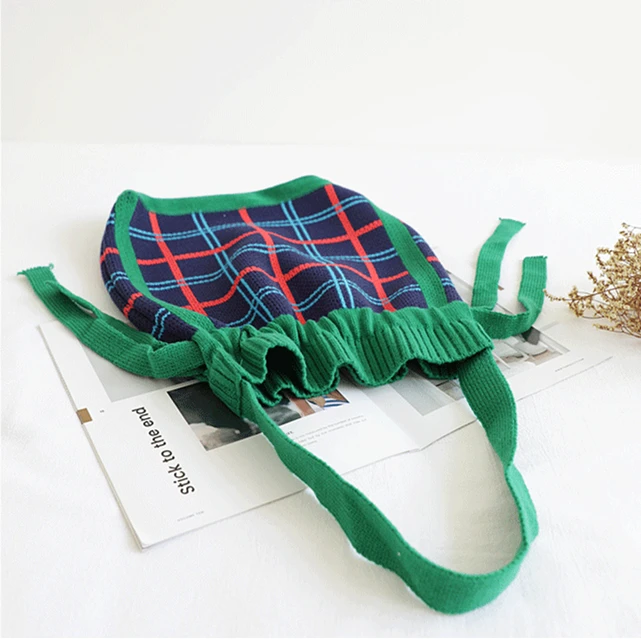 Винтажная клетчатая сумочка из клетчатой ткани женская вязаная сумка на шнурке с