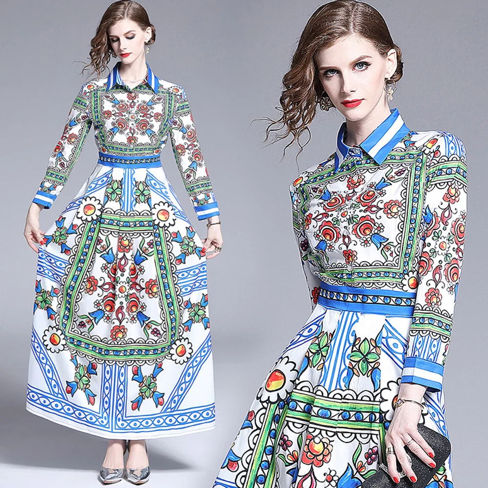 

2022 New Spring Summer Maxi Dress Woman High Waist Long Sleeve Elegant Office Party Dress Design Flower Floral Printed Vestidos
