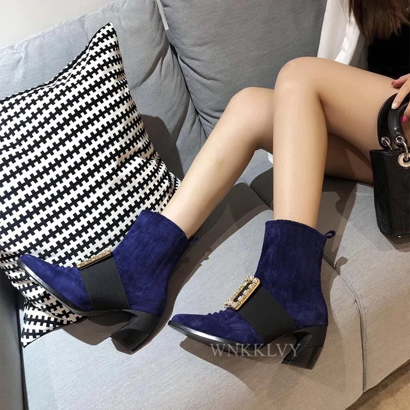 

Shiny crystal square buckle chelsea boots women strange high heels pointed toe genuine leather ankle boots runway shoes female