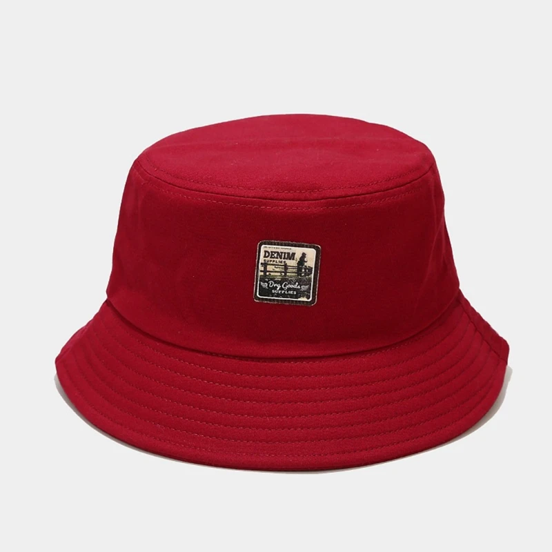 

Men Women Vintage Letters Label Patch Bucket Hat Solid Color Wide Brim Sunscreen Hip Hop Packable Panama Fisherman Cap