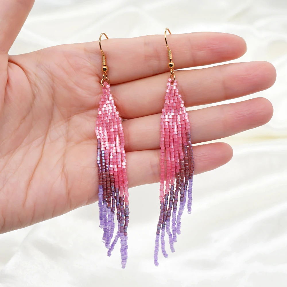 Go2boho Boho Summer Beach Earrings Women Miyuki Beads Long Tassel Earring Jewelry Handmade Woven Pink Ear Rings