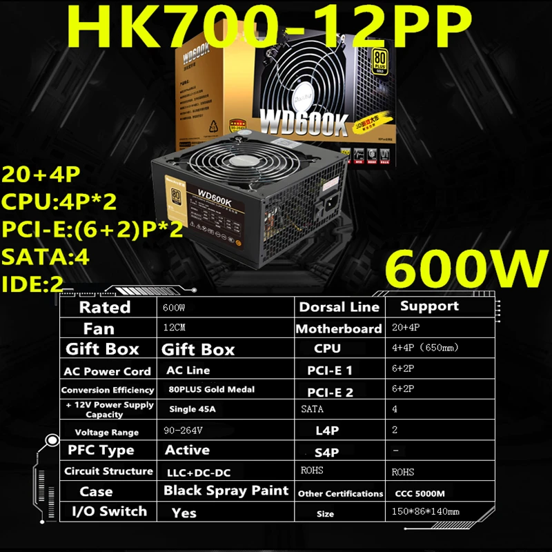 Новый оригинальный блок питания для Huntkey WD600K ROHS полное напряжение тишина двойная