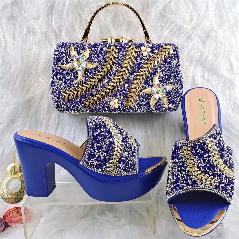 

Classics African Women Mature Wedding Party Shoes and Bag to Match with Shinning Crystal in Royal Blue Color Italian Style Set