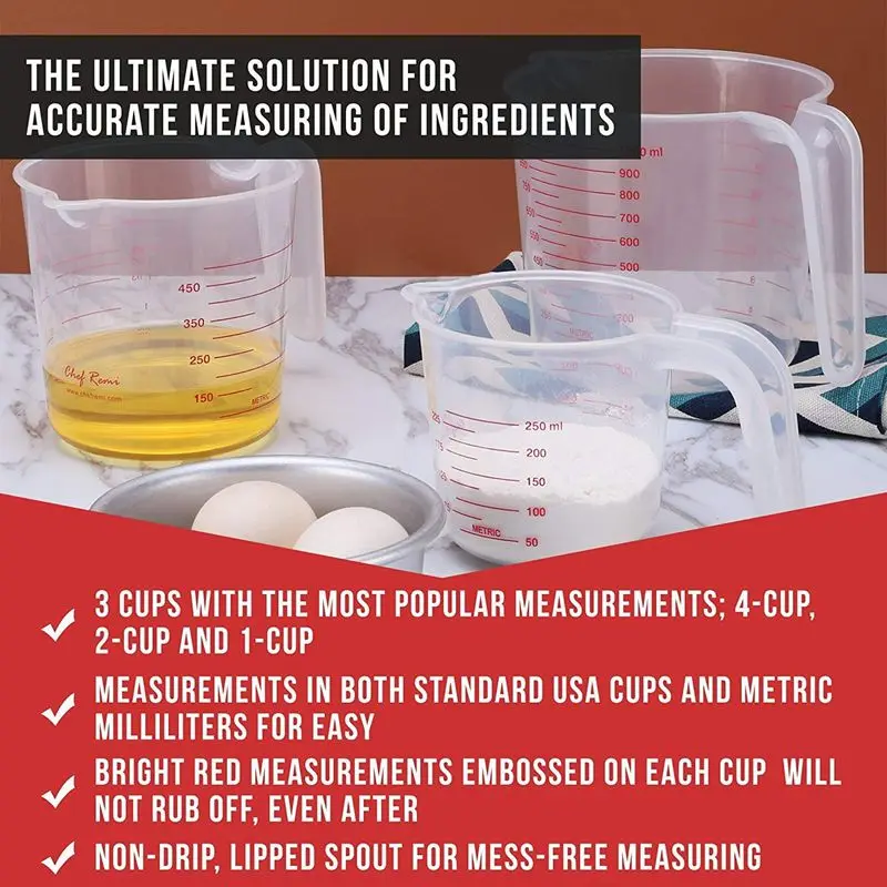 Fashion-3pc Plastic Measuring Jug Set Large 4 Cup, 2 Cup and 1 Cup Capacity BPA Free Measuring Beakers with Angled Grip Essent
