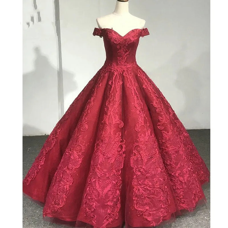 

Deep Red Lace Appliques Evening Dress Off the Shoulder Women Floor Length Ball Gown robe de soiree