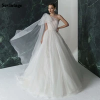 sevintage glitter tulle wedding dresses one shoulder with big bow shiny bridal gowns a line backless sleeveless bride dress 2021