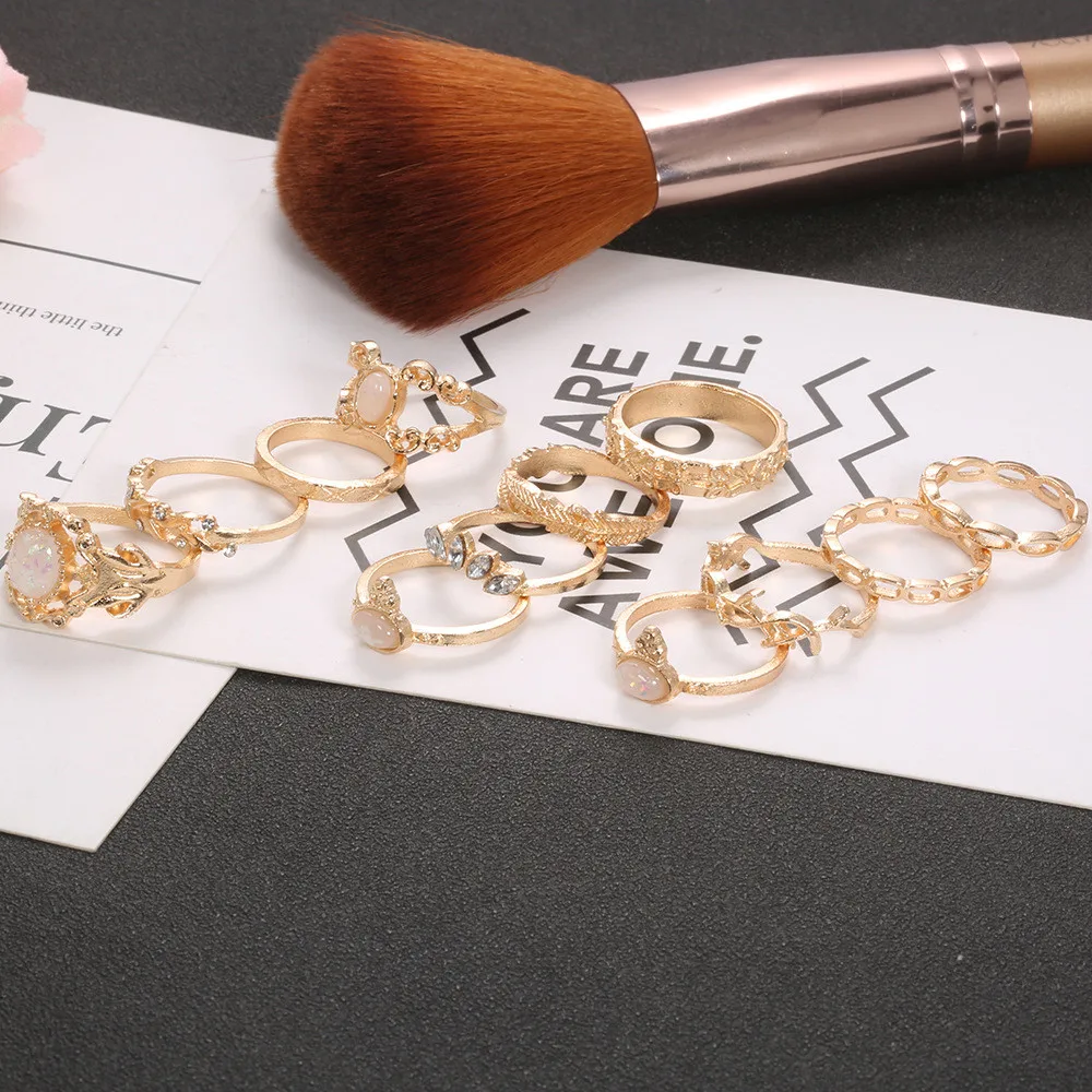 MING 12 Pcs/Set Vintage Gold Alloy Ring Set Fashion Colorful Crystal Geometric Rings for Women | Украшения и аксессуары