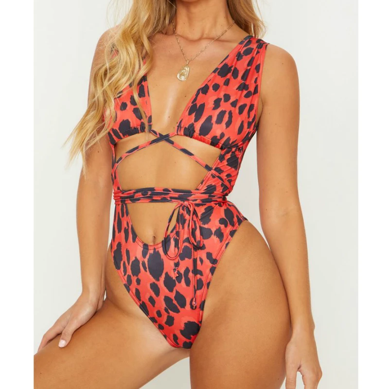 Женский купальник с леопардовым принтом Цельный сексуальный пуш ап боди Бандаж