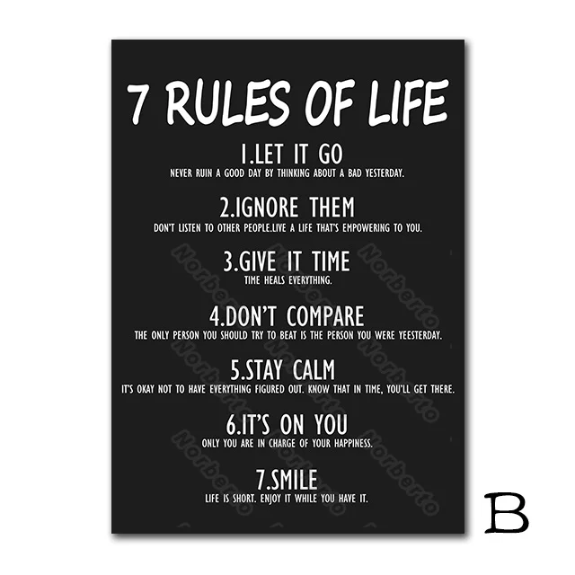 

Modern Style Canvas Painting and Posters Black and White Prints Quotes Seven Rules of Life for Home Rooms Wall Decoration
