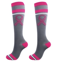 women men aids logo awareness compression socks pink ribbon printed knee high soft sport running football tube stockings hosiery