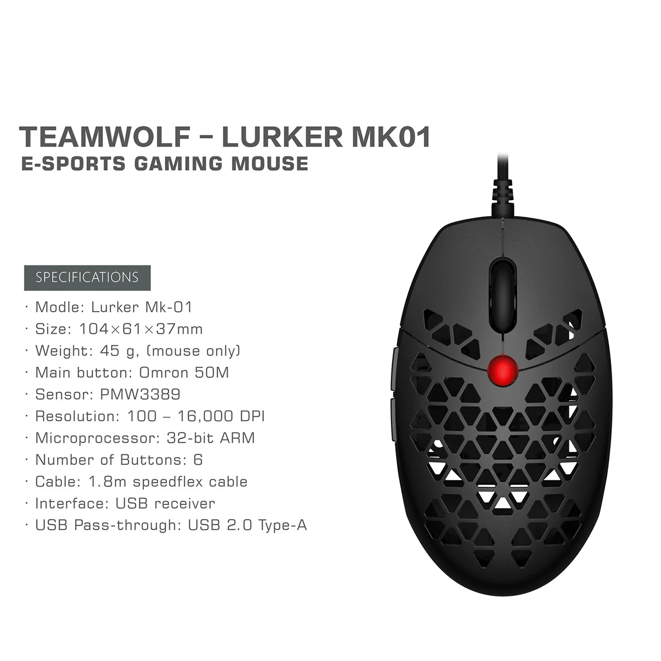 

MK01 Wired Gaming Mouse 45g Hollow-Out Lightweight Mice PMW3389 16000DPI Ergonomic With Soft Rope Cable For Computer Gamer