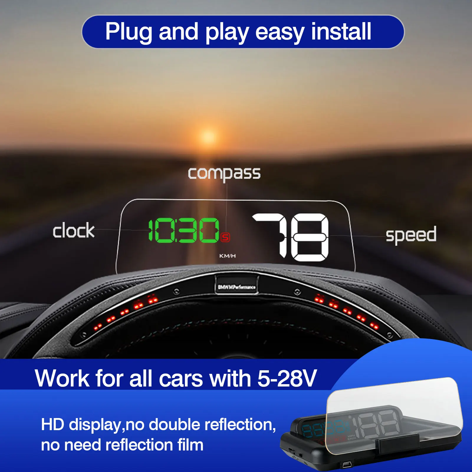 

2021 T900 HUD Mirror Car Head Up Display Windshield Speed Projector Security Alarm Water Temp Overspeed RPM Voltage