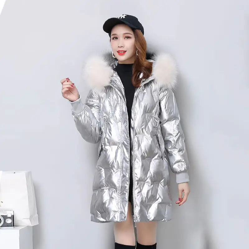 

2021 Winter Parkas Women Warm Thicken Glossy Down Jacket Hooded Loose Female Coat Gold Black Silver Windproof Long Snow Outwear
